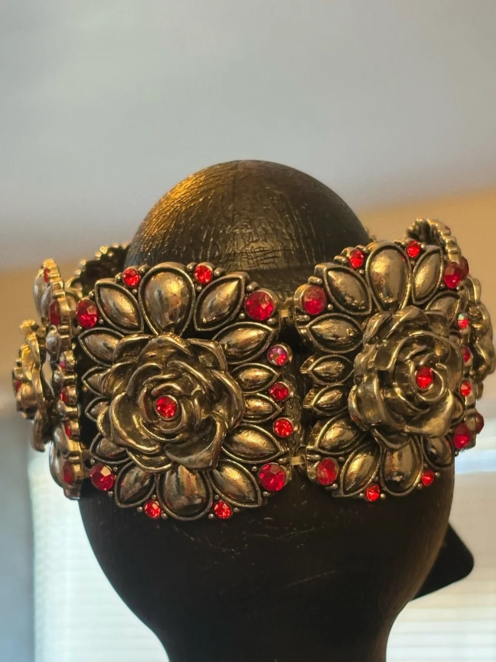 Antique Silver-Tone Floral Statement Bracelet with Red Crystals